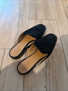 Tory Burch Black Suede Backless Slide Mules